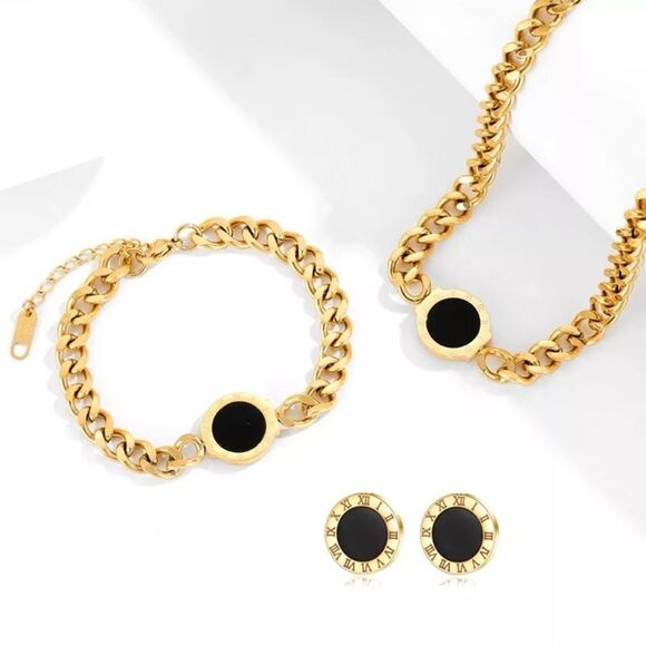 Jewelry - Gold Plated Stainless Steel Double Sided Roman Numerals 3 Piece Set